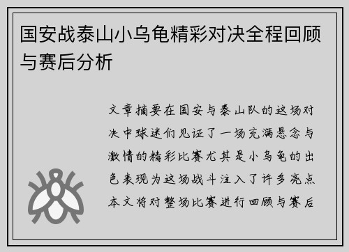 国安战泰山小乌龟精彩对决全程回顾与赛后分析