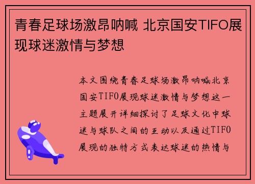 青春足球场激昂呐喊 北京国安TIFO展现球迷激情与梦想